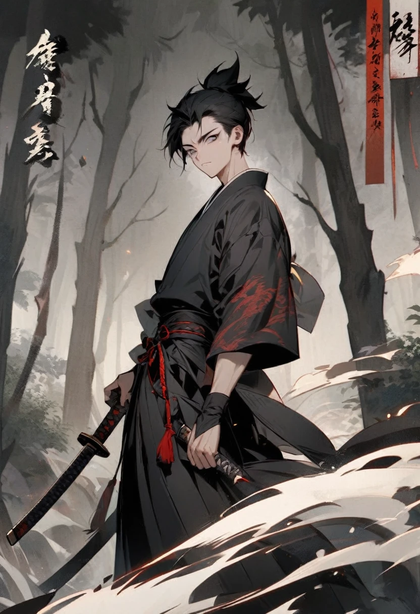 young man with calm face ,Male Dark, dark Woods,Red & Black colors, pale eye, samurai dnd, ronin background, hold katana in right hand