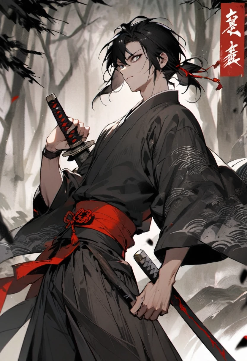 young man with calm face ,Male Dark, dark Woods,Red & Black colors, pale eye, samurai dnd, ronin background, hold katana in right hand