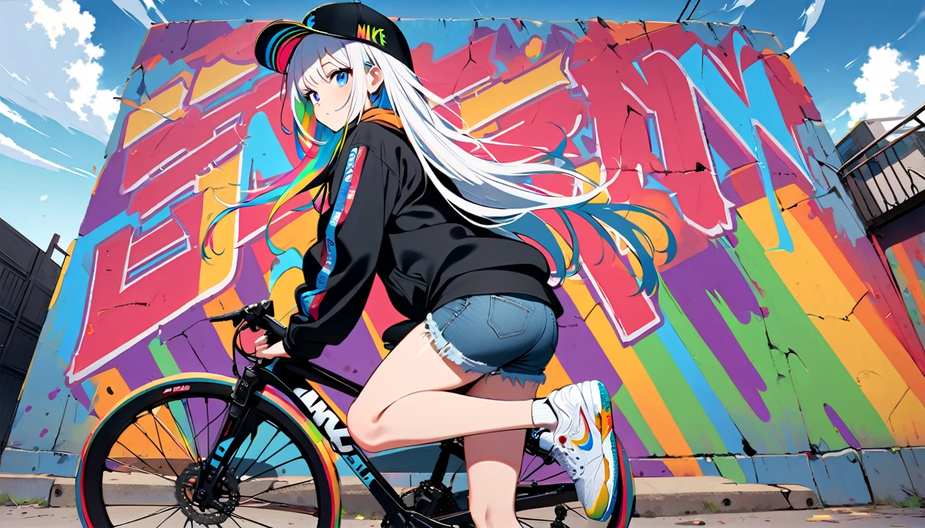 HD 8k Handsome sexy cute, Solitary, 1 female, Medium Length Hair, white hair, Rainbow hair, blue Eyes, riding bicycle Rainbow headphone, hoodie, colored hoodie, black Trucker Hat, hip-hop style big hooded jacket denim shorts, sneakers NIKE, Human focus, outdoor, blue sky, White clouds, graffiti Popularity spray art wall,