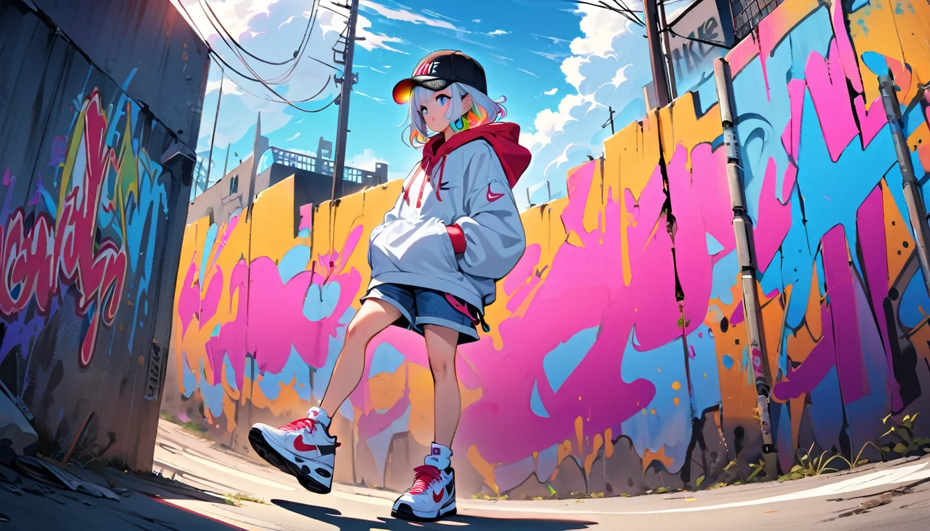 HD 8k Handsome sexy cute, Solitary, 1 female, Medium Length Hair, white hair, Rainbow hair, blue Eyes, riding bicycle Rainbow headphone, hoodie, colored hoodie, black Trucker Hat, hip-hop style big hooded jacket denim shorts, sneakers NIKE, Human focus, outdoor, blue sky, White clouds, graffiti Popularity spray art wall,