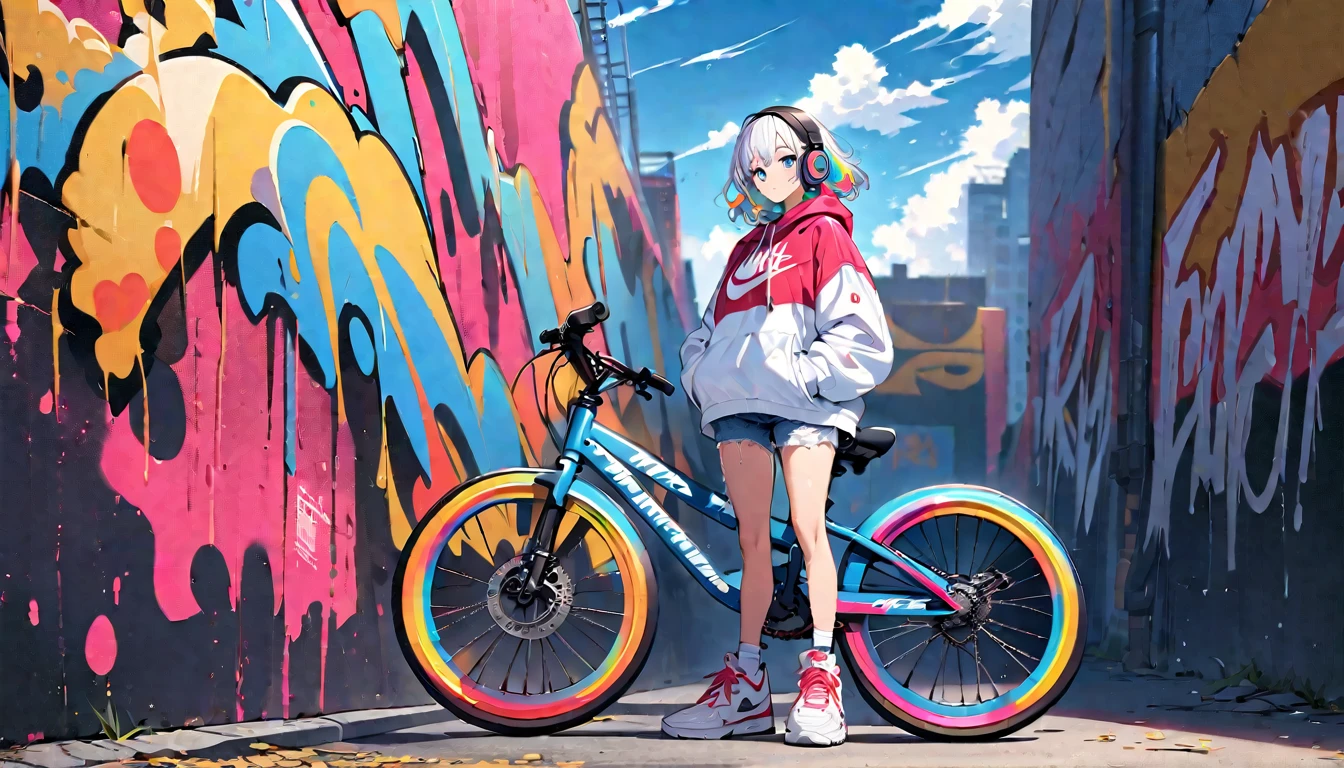 HD 8k Handsome sexy cute, Solitary, 1 female, Medium Length Hair, white hair, Rainbow hair, blue Eyes, riding bicycle Rainbow headphone, hoodie, colored hoodie, black Trucker Hat, hip-hop style big hooded jacket denim shorts, sneakers NIKE, Human focus, outdoor, blue sky, White clouds, graffiti Popularity spray art wall,