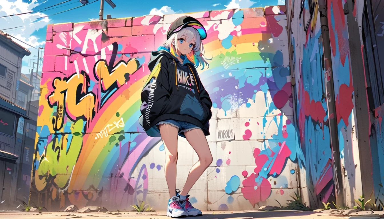 HD 8k Handsome sexy cute, Solitary, 1 female, Medium Length Hair, white hair, Rainbow hair, blue Eyes, riding bicycle Rainbow headphone, hoodie, colored hoodie, black Trucker Hat, hip-hop style big hooded jacket denim shorts, sneakers NIKE, Human focus, outdoor, blue sky, White clouds, graffiti Popularity spray art wall,