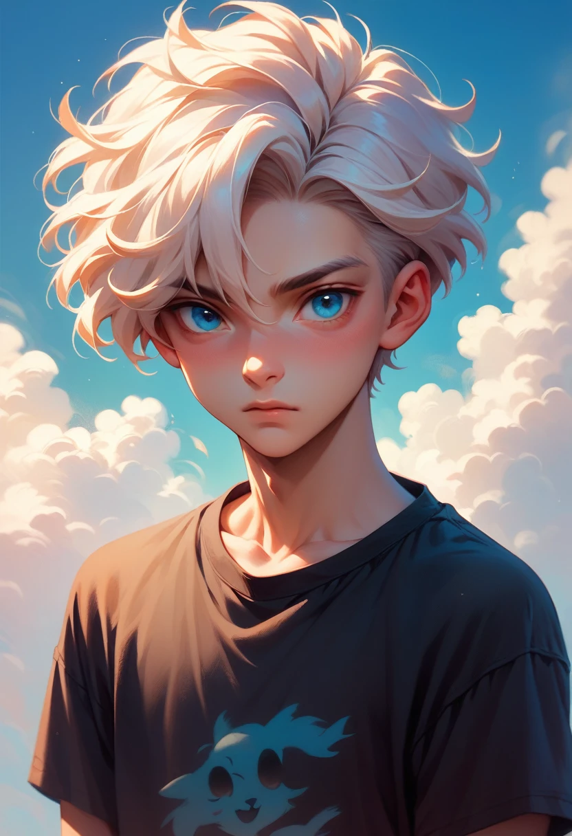 of a young man with spiky white hair and striking blue eyes, set against a bright blue sky with fluffy white clouds. The young man is wearing a sleek black button-up shirt, his expression calm and confident as he gazes upwards.