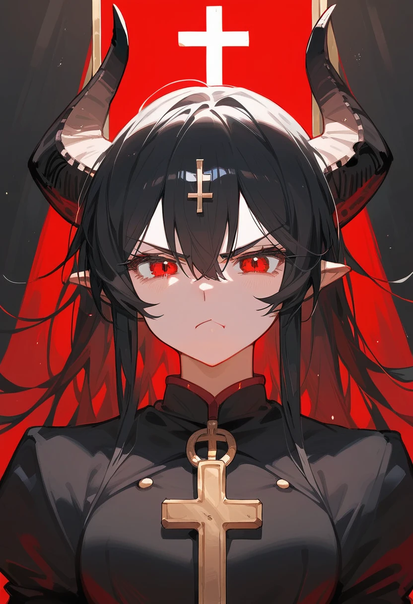 One Girl, Demon Horns, Red eyes, grumpy, cross-legged, black hair, jitome, , masterpiece, best quality, high quality, ultra detailed