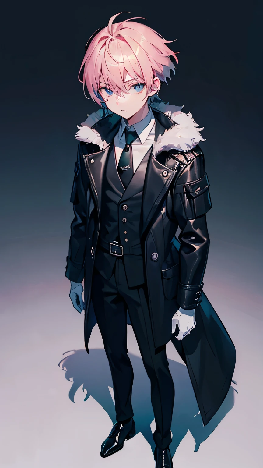 best quality, high quality, (male, a boy:1.2), Jagged tooth, Futuristic atmosphere, Police, near future, above the knee, pink gold hair, Wear a long black coat with fur, Wear long black pants, Wear a business shirt, wear aqua color tie, white gloves, very short hair, expressionless, purple eyes, jitome, underweight, 22 years old,  standing, stoop, from above, leather shoes, green background, (headshot:1.0),