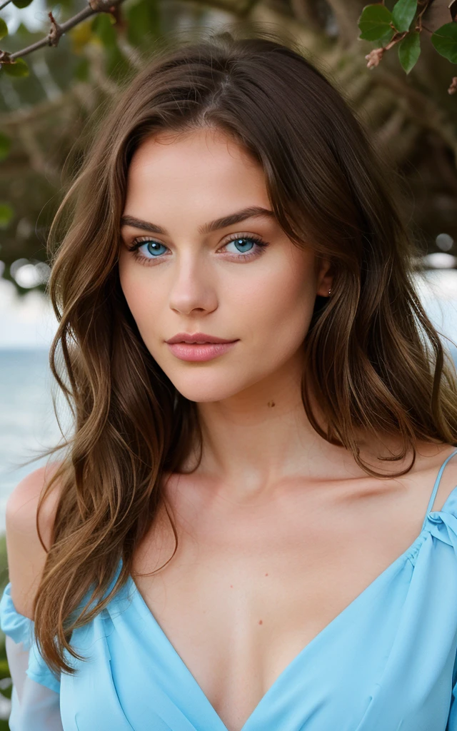 Belle blonde aux reflets brune, who wears an elegant dress with a neckline (in the evening with a beautiful background ), very detailed, 22 ans, Visage innocent, Natureal wavy hair, blue eye, high resolution, head of'artwork, best quality, complex and high level of detail, very detailed, sharpness, detailed skin, realistic skin texture, texture, detailed eyes, Professionnel, 4K, charming smile, filmed with Canon, 85 millimeters, shallow depth of field, Kodak Vision Color, corps parfaitement ajusté, extremely detailed, Photor_\(ultra\), Photorealistic, realistic, Après traitement, maximum details, roughness, the real life, ultra realist, photorealism, Photo, 8k uh, Photo, ((selfie du haut du corps, blissful)), head of'artwork, best quality, Ultra detailed, to the beach, (label), Nature, names, view on the sea, blissful, backpack, Beach hut, pink shirt with small closed sleeves, shade, sharp contrast, Heaven can do it, Style, (ton chaud, ton hotter: 1.2), toe, Cinematic light, Side lighting, ultrahigh resolution, bester shade, spirit, part of the face, serious look, normal breasts, 4K, Nature, Super, Jupe courte, the road, Italy