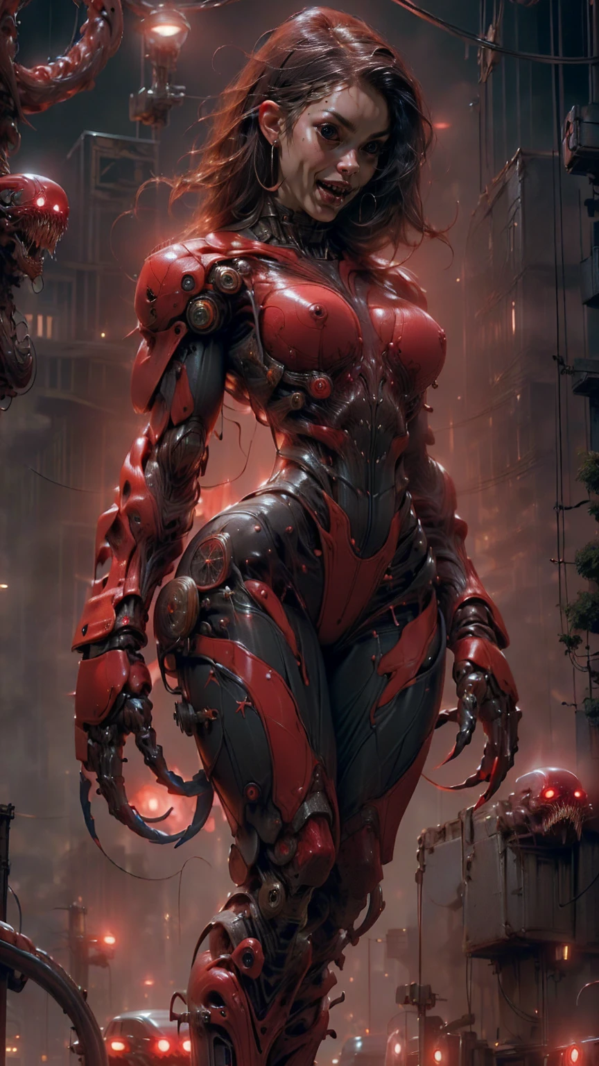 (beautiful girl face:1.45), megan fox as a beautiful vampiric girl with a muscular red carnage body, (red carnage anatomic muscular bio-mecha muscle suit:1.25), (body totally covered in muscles, veins, tendons), (perfect muscular anatomy), (fake large breasts:1.25), (slim waist:1.25), (long hair:1.25), (perfect hands:1.25)
