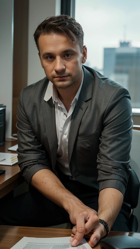 A photorealistic photo of a 32-year-old Polish man lawyer. Business outfit. Office setting. Capture this image with a high-resolution photograph using an 85mm lens for a flattering perspective
