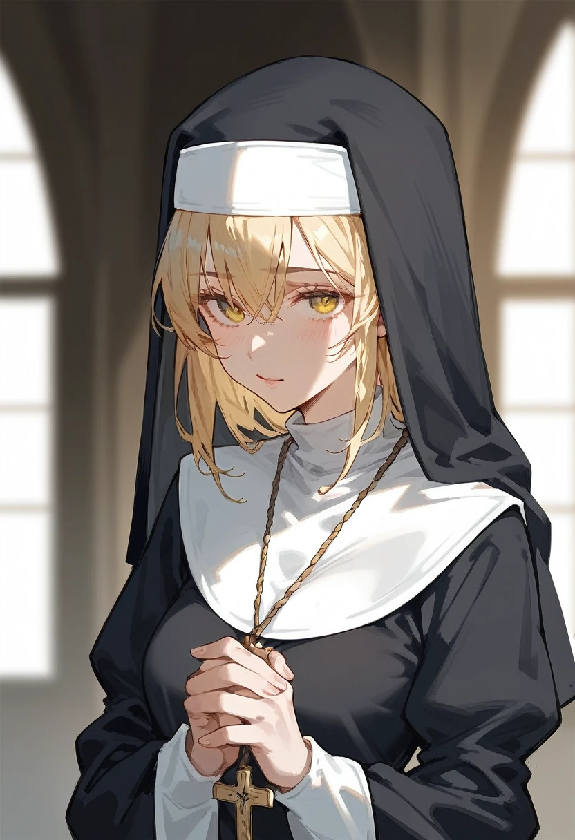 score_9, score_8_up, score_7_up, 1girl, blonde hair, yellow eyes, sidelocks, nun, habit