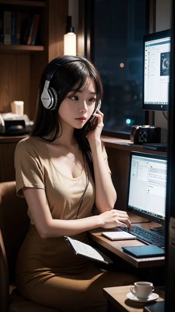 room、Computer screen、night景、Woman wearing headphones、night、Stylish、Calm atmosphere、Coffee cup