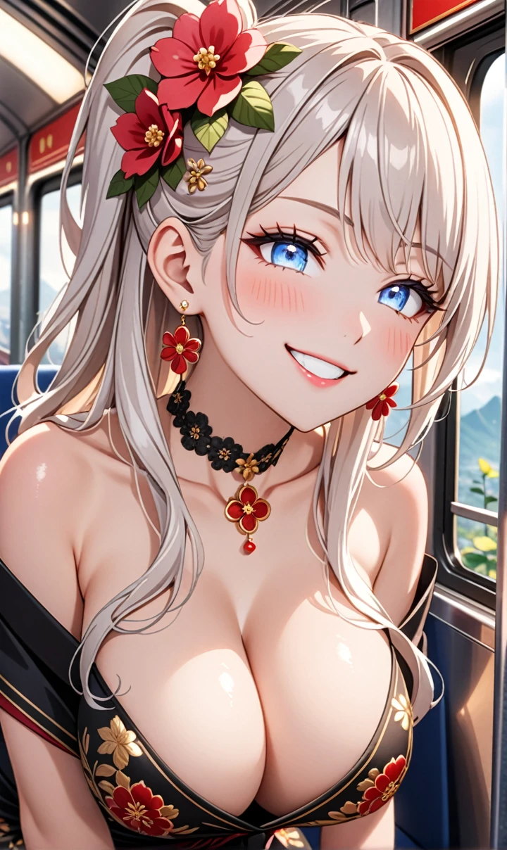 ultra-detailed, ((one girl)), (pale skin:1.3), in pastel colors gyaru, ((blue eyes)), (heavy makeup), hyper detailed, absurdres, 8K, Beautiful Face, (Laugh shyly), ((teasing smile:1.8)), ((Wink:1.7)), (Laugh with your mouth wide open),((Tilt your head:1.7)), View your viewers, ((full-face blushed:1.5)),Glossy Red Lips, ((Big Breasts:1.5)), ((show off breast)), (nipples slip), noon, on the train, (Brighten your face), ((Anime style background)),masterpiece, Highest quality, so beautiful,Latest, Complex details, (Pink long nails), (nail art), (ring),(bracelet), (Floral Choker),AI-generated, Complex,High resolution, Highest quality, super high quality,3D Images、3D Images,One person,Long white hair,(High Ponytail), (wavy hair:1.3), White haired anime woman posing for a photo, ((Fine grain、blue eyes、glowing eyes:1.5)), (Squint your eyes:1.1),a hyperRealistic , hyperRealistic , Realistic,Anime woman with long white hair, Smooth anime CG art, (A girl in a gorgeous black kimono), ((Black furisode:1.3)), (Gold embroidery), (Red floral embroidery), ((undressing)), Long flower hair ornament,Floral Earrings,Mature Body, tall,Narrow waist, Sit in your seat, ((leaning forward:1.5), ((front view)),((Zoom up to face:1.1)),