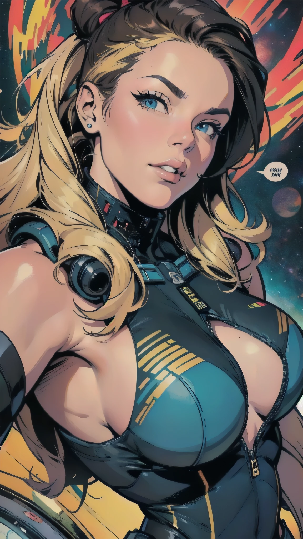(((ultimate best quality))),((((solo:1.2)))),((((1girl:1.2)))),((((beautiful perfect woman)))),(((detailed perfect body, detailed perfect finger))),((((((ultimate spacethriller movie poster)))))),(((bust up, close up))),(((((American comics))))),(((extreme highlights))),(((Extremely colorful, primary colors))),cleavage, super beautiful lady,(((((typography))))),(((text))),(((((looking up or looking down))))),(((((speech bubble)))))