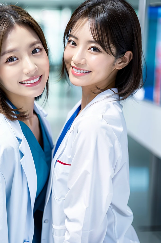 Dental hygienist, only two women 横並び smile Whiteの医療スクラブ着用 日本人 黒髪 20代前半女性 Upper body close-up high resolution high resolution Highest quality smile Photo shoot in the hospital White Nurse uniform