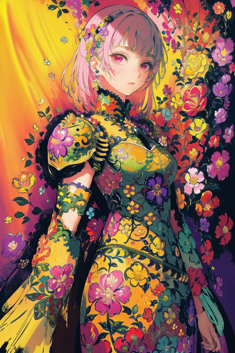 woman, flower dress, colorful, epic background,flower armor, multicolor theme, millions of colors theme, psychedelic style, camouflage pattern:0.5
