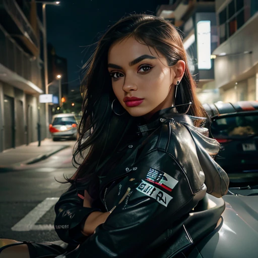Focus on faces, attractive latino female streetracer sitting on hood of car, sports car, open colourful race jacket, casual clothes, night time, street lights, road, looking up, big eyes, full lips, eyeliner wings, eye shadow, lip stick, ear ring hoops, choker, begging look, hugging,