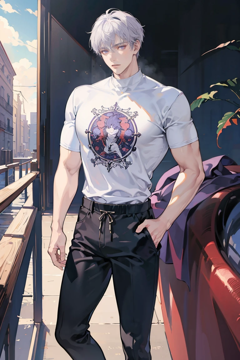 anime - (masterpiece), best quality, seductive eyes, mature face, purple eyes, middle part haircut, short length white hair, black compression t-shirt, black pants, tall man, long legs, masculine, broad shoulders, big muscles, adult-like, full body, both hands on his pockets