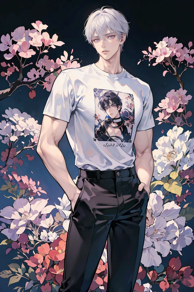 anime - (masterpiece), best quality, seductive eyes, mature face, purple eyes, middle part haircut, short length white hair, black compression t-shirt, black pants, tall man, long legs, masculine, broad shoulders, big muscles, adult-like, full body, both hands on his pockets