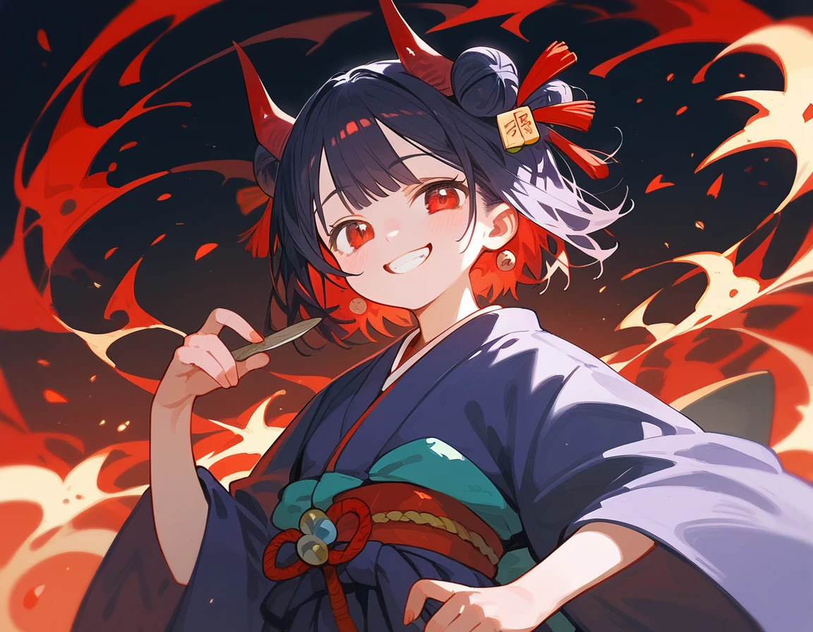 One Girl, Demon Horns, Red eyes, kimono, smile, kawaii, masterpiece, best quality, high quality, ultra detailed