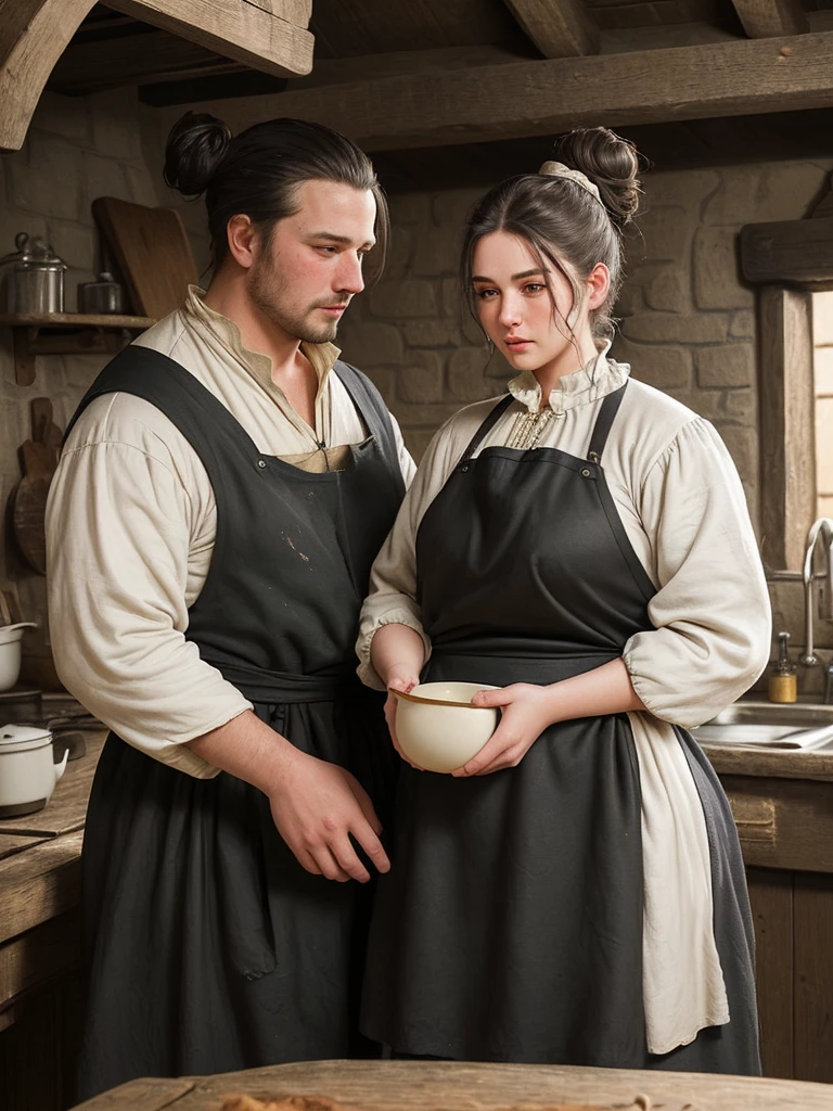 A plump woman with hair up.
Dressed in humble medieval clothing.
He is wearing a flour-stained black apron over his clothes. He is in a kitchen of a medieval inn..