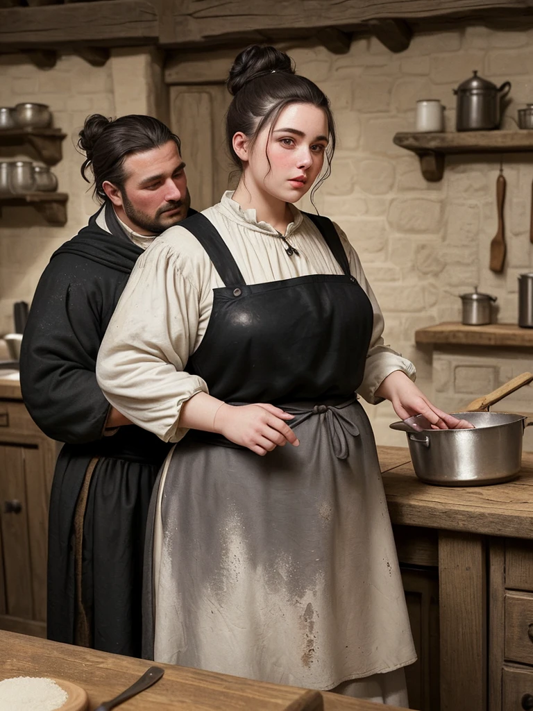 A plump woman with hair up.
Dressed in humble medieval clothing.
He is wearing a flour-stained black apron over his clothes. He is in a kitchen of a medieval inn..