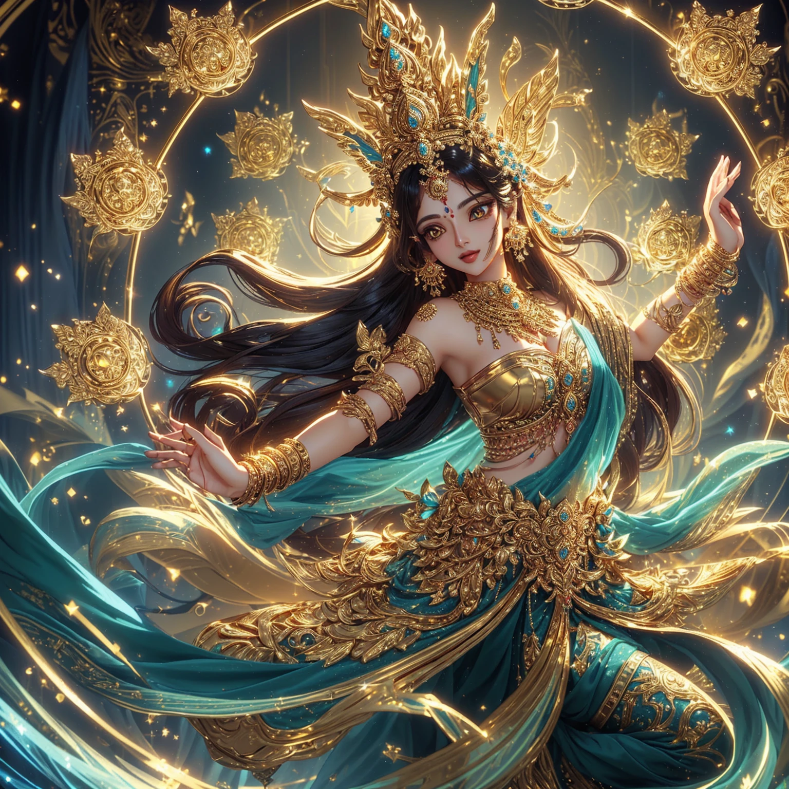 Indian goddess woman vbogfupl;p Fine gold jewelry , god god , ,realistically ,Fine golden background. 3-D anime.
