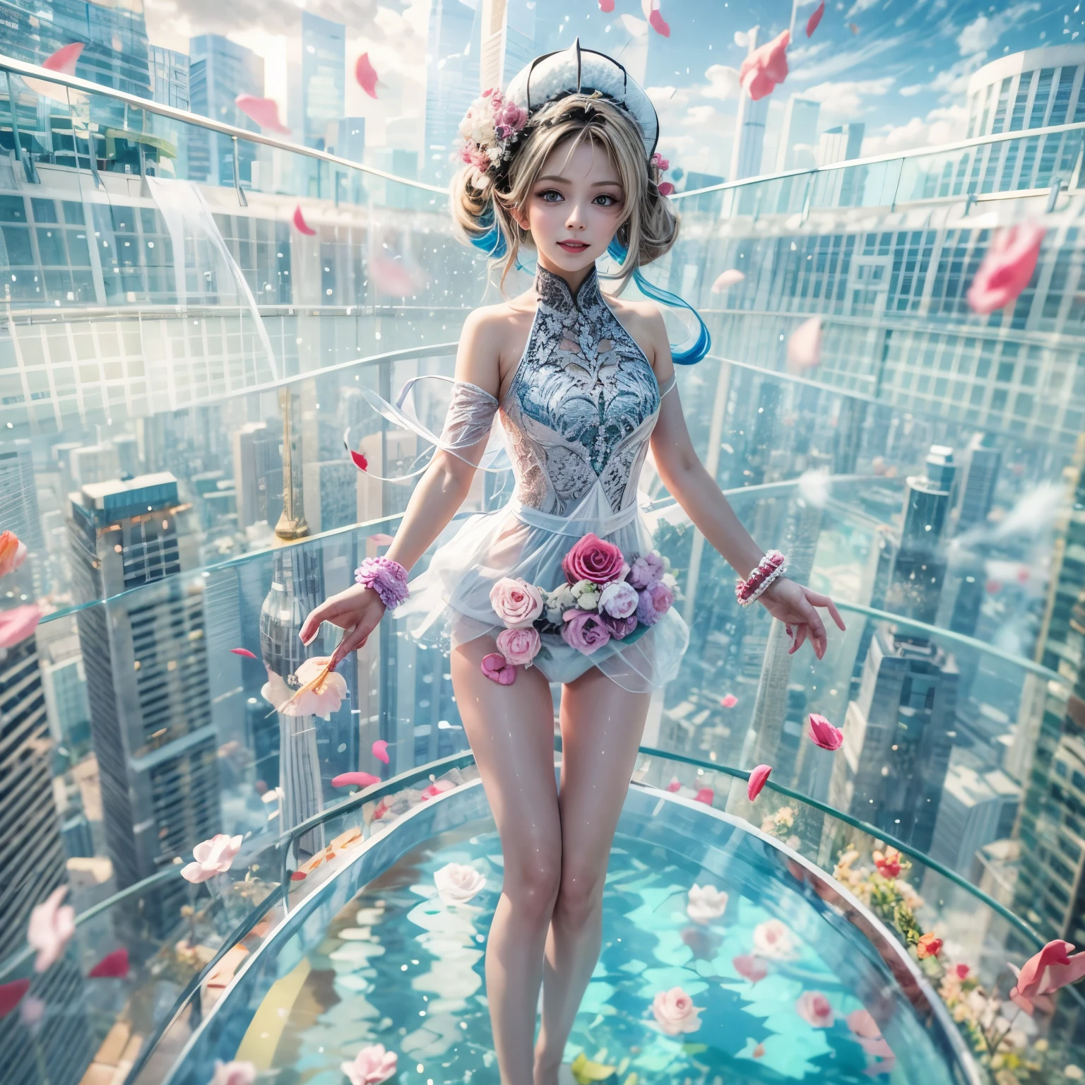 BloodRed, White in Pearly RainbowColors,ExtremelyDetailed(ProfessionalPhoto of Girl Floating in the Sky:1.37)ZoomLayer{Stunning|Mystic|GodRays|Haze}, (57th floor infinity pool:1.07) Tallest building in the urban forest. (Masterpiece 8K TopQuality:1.2)(ExtremelyDetailed NOGIZAKA face:1.37) ElaboratePupil with (SparklingHighlights:1.28) DoubleEyelids with Voluminous LongEyelashes PUNIPUNI RosyCheeks (Joyful Expressions LifeLike Rendering) MotionBlur  BREAK  (Acutance:0.77) PUNIPUNI Radiant Impeccable PearlSkin with Transparency White(Skinny SchoolSwimwear) {(HiddenHand)|((Corrected BabyLike Hand))} Whole Body Proportions and all limbs are Anatomically Accurate, {Carnation|Tulips|(Rose)} [FlowerWreath WrappedBody Full of Flowers Covering girl's body] {((Dazzling RainbowColorHorizon))|ColorfulSky|ColoredClouds|(Starly Particles)}(extra limbs:-1.4)(Not Detailed Face:-1.37)(Not Detailed Hand:-1.28), Drawing infinity pool reference to the rooftop of Marina Bay Sands