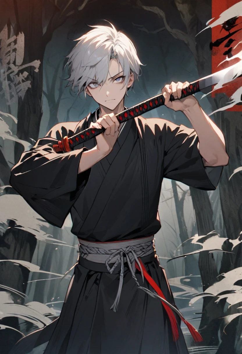 young man with calm face ,Male Dark, dark Woods,Red & Black colors, pale eye, samurai dnd, ronin background, hold katana in right hand