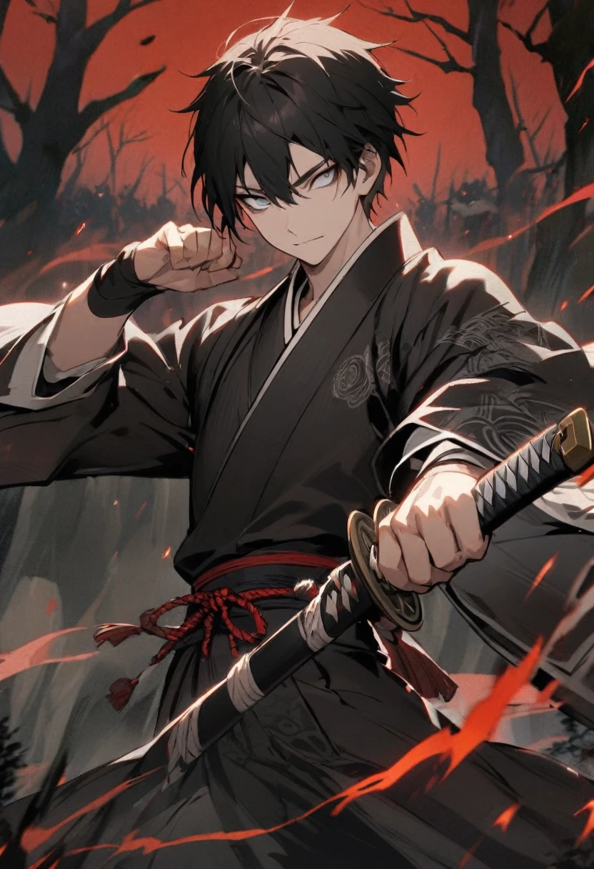 young man with calm face ,Male Dark, dark Woods,Red & Black colors, pale eye, samurai dnd, ronin background, hold katana in right hand
