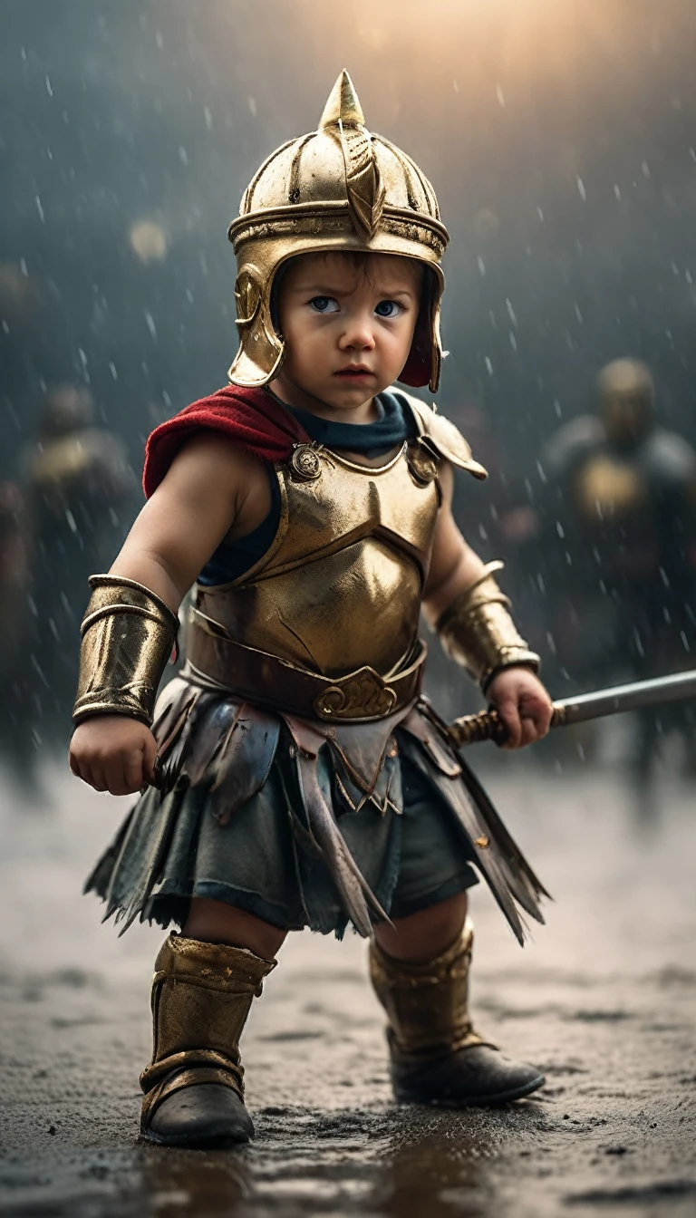 Little spartan, facing bad weather, battle atmosphere background, hyper realistic, ultra detailed hyper realistic, photorealistic, Studio Lighting, wearing a gold crown, reflections, dynamic pose, Cinematic, Color Grading, Photography, Shot on 50mm lens, Ultra-Wide Angle, Depth of Field, hyper-detailed, beautifully color, 8k