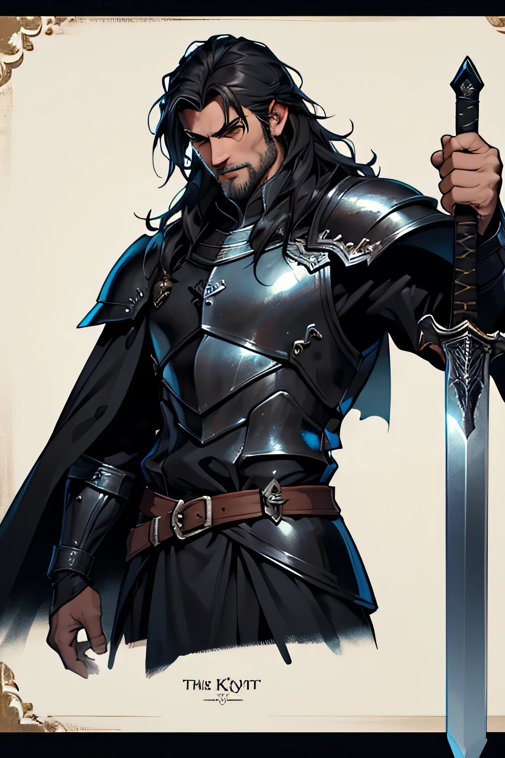 (Best quality), (Game character illustration), upper body, fantasy, black knight, middle-aged handsome man, black long hair, black armor, black cloak, holding a sword