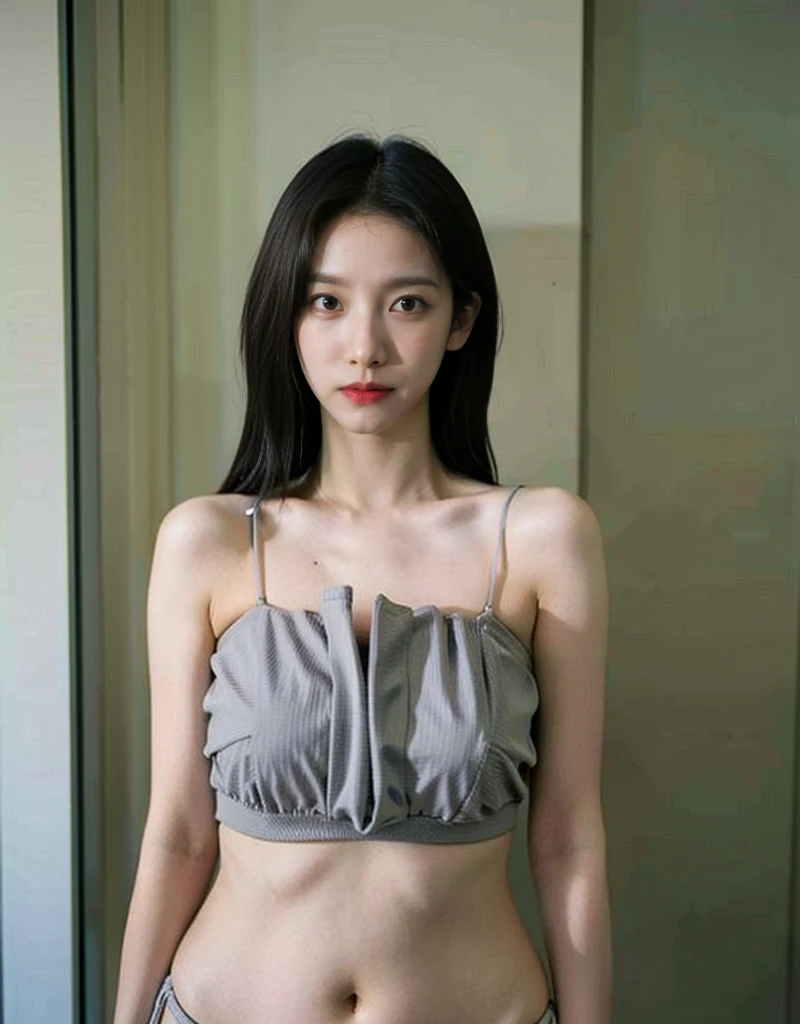 (Highly detailed body,wearing a gray luxury bikini, deep division, wearing a sexy top, very detailed face,very best quality:1.2) ,very big breasts woman,look at the viewers,(gray bikini top,bikini details:1.2),(strong background room:1.4)(big bust: 1.5), full body shot, random pose,