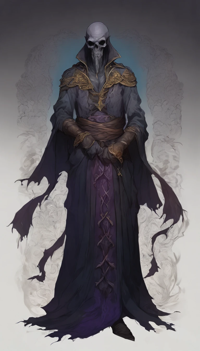 Mind flayer，Inspired by Dungeons & Dragons，Full body concept art illustration of Mind Flayer。The character has human-like proportions，tall、slim and muscular。The character has 4 tentacles extending from its chin，Light purple skin，Almost Blue。The character is dressed in exquisite、Luxurious black academic robes and ornate leather boots。Background is blank