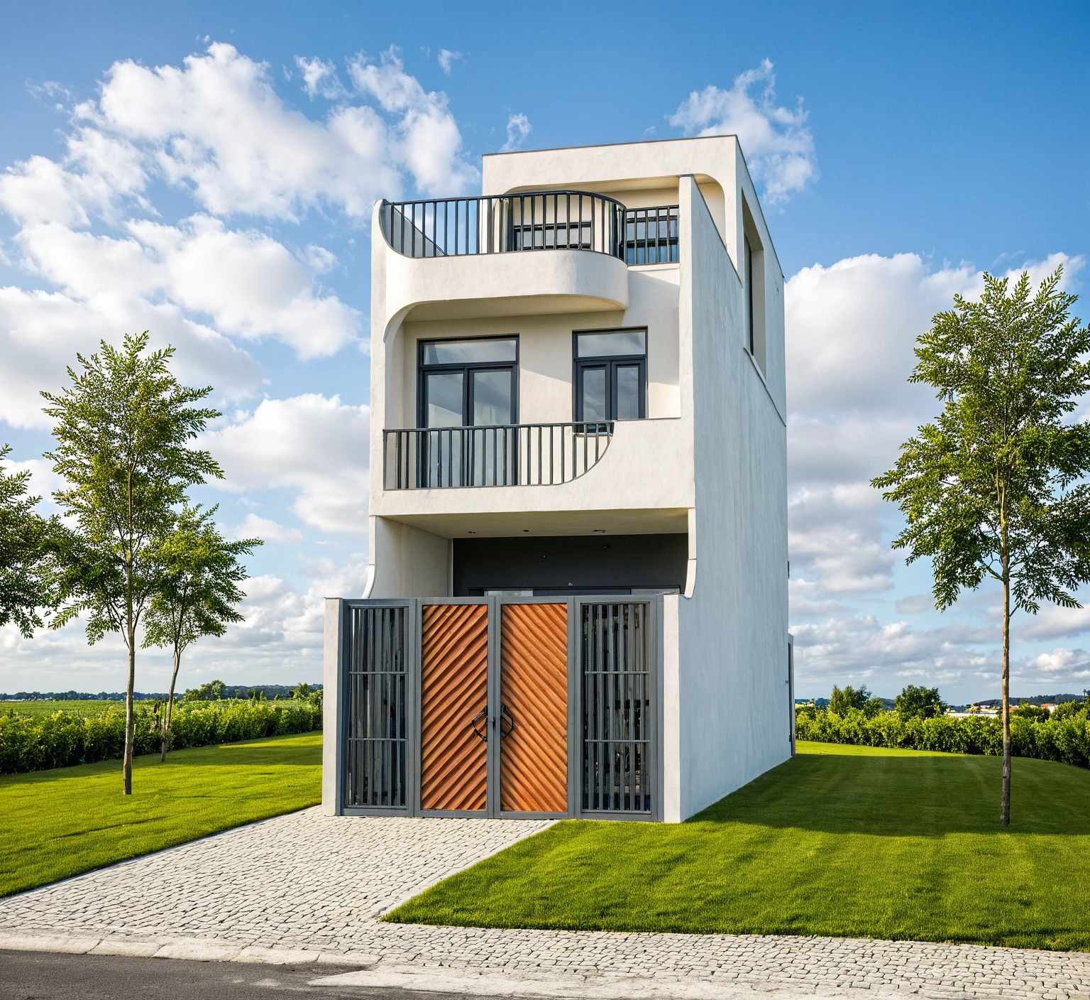 Masterpiece, high quality, best quality, authentic, super detail, outdoors, onestoreyvillaXL, aiaigroup, house style modern on the street ,stairs, white wall ,road,pavement, grass, trees, sky, cloud, (daylight:1.1)
