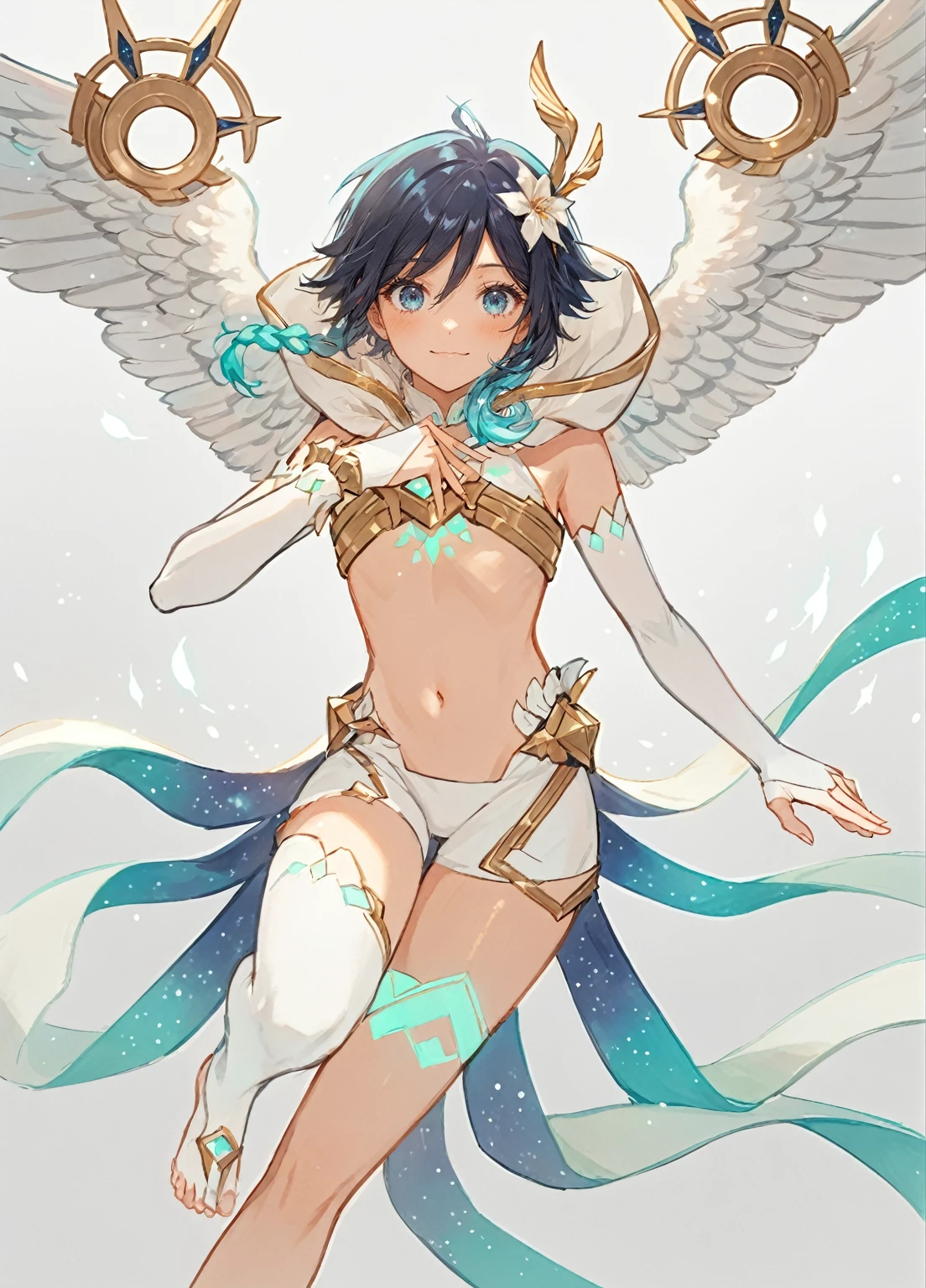 ai-generated,very aesthetic,1boy,venti_/(archon/)_/(genshin_impact/),male_focus,detailed_eyes,white feathered_wings,white halter_crop top,white shorts,hair_flower,midriff,black blue hair gradient,dsmile,((flat chest)),starry_sky,moon,starry_sky_print,((bluegreen eyes)),slender,feathers,divine,detailed_eyes,long_eyelashes,pink_lips,glossy lips,narrow_waist,dreamy anime fantasy background,raytracing,floating,light particles,dsmile,starry sky, shooting stars,celestial,intricate,(best quality,4k,8k,highres,masterpiece:1.2),twin braids