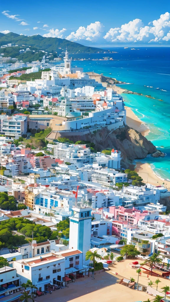 resort town of Ibiza, which is in Spain, the beach and houses are visible