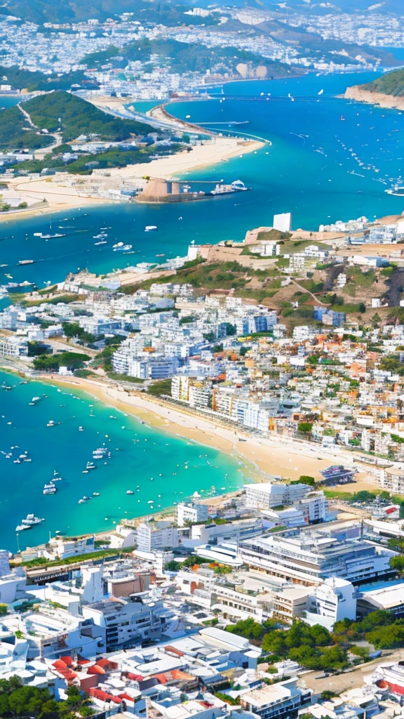 resort town of Ibiza, which is in Spain, the beach and houses are visible