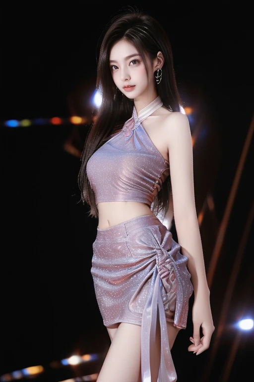 8k, masterpiece, RAW photo, best quality, photorealistic, extremely detailed CG unity 8k wallpaper, Depth of field, Cinematic Light, Lens Flare, Ray tracing, (extremely beautiful face, beautiful lips, beautiful eyes), intricate detail face, ((ultra detailed skin)) 1girl, in the dark, deep shadow, pretty Asian girl, idol, 1 girl, (very slim slender fit-muscled body:1.3), ((looking at viewer)),(big smile:1.3), (tight laced blouse), ((white color blouse)), (short sleeve) , (city night, dark night, (neon sign), (blurred background), dim lights, cityscape, rooftops, beautiful earrings, bracelets, necklace, pantyhose, clear eyes, (pale skin), (big eyes), face forward, ((upper body shot)), (silk red color skirt), (brown hairs),((laced skirt)), (looking at viewer:1.3), open breast, (very slim), medium breasts,((flooming laced)), updo hair, mini skirt, short hair, laced stockings