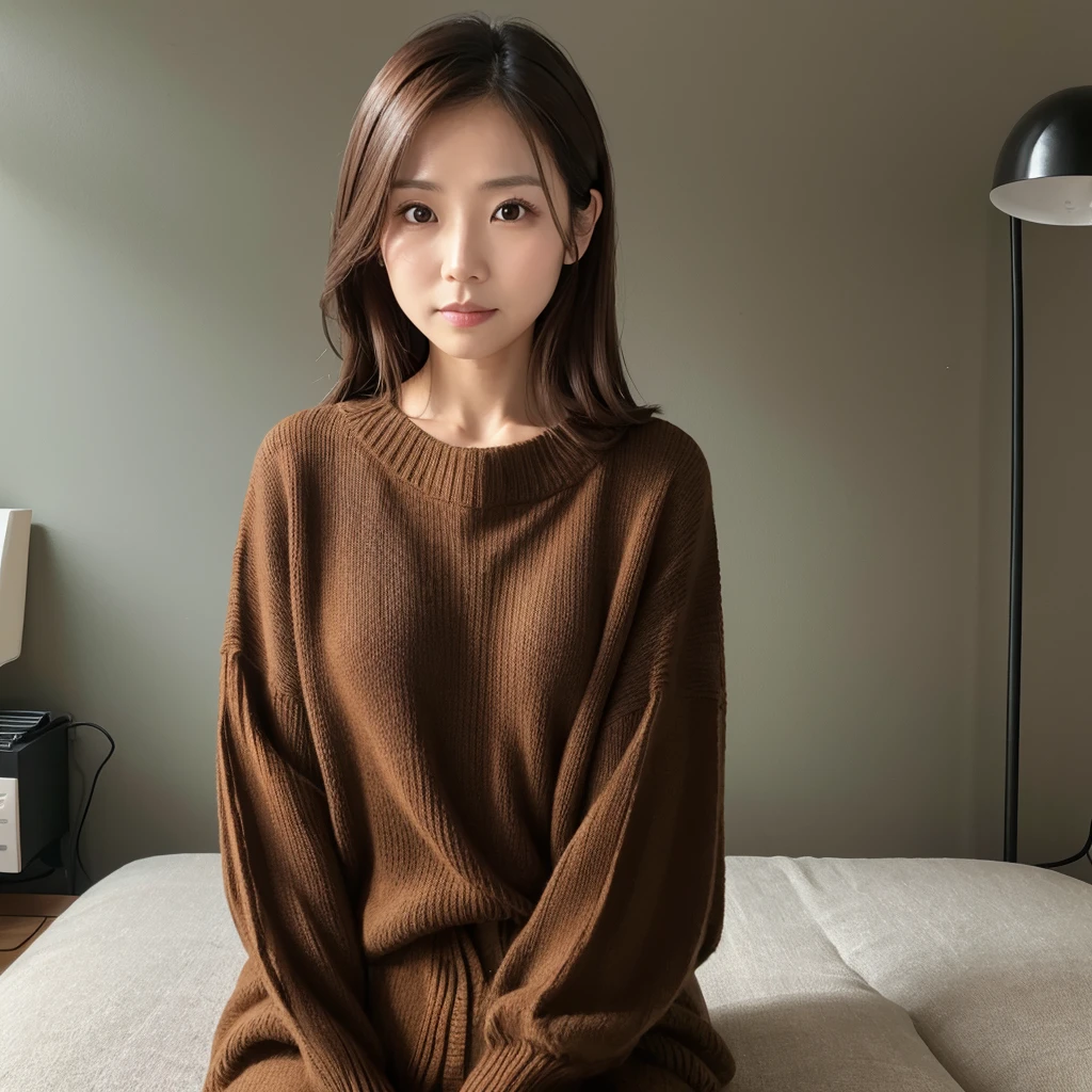 front,From waist to head,30 year old Japanese woman,Brown hair with forehead exposed,Black summer knitwear,Bright room