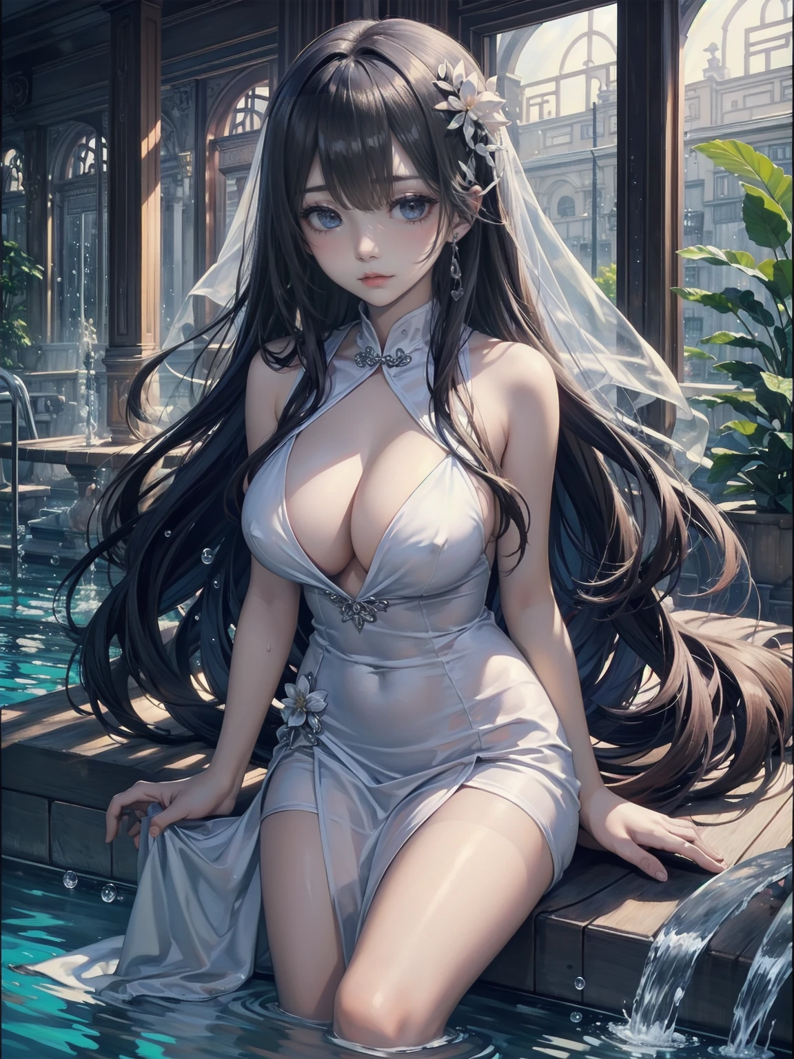 She is wearing a long Chinese dress、8K、、Highest quality、Tabletop、Ultra HD、Super detailed、so beautiful、Super detailed髪質、so beautiful、Portraiture、Captivating look、Beautiful woman、Long Blue Hair、Sharp Eye、Hanging eyes、Strong-minded face、blue eyes、Glowing Skin、Very large breasts、Water droplets running down the skin、The background is a great night pool、