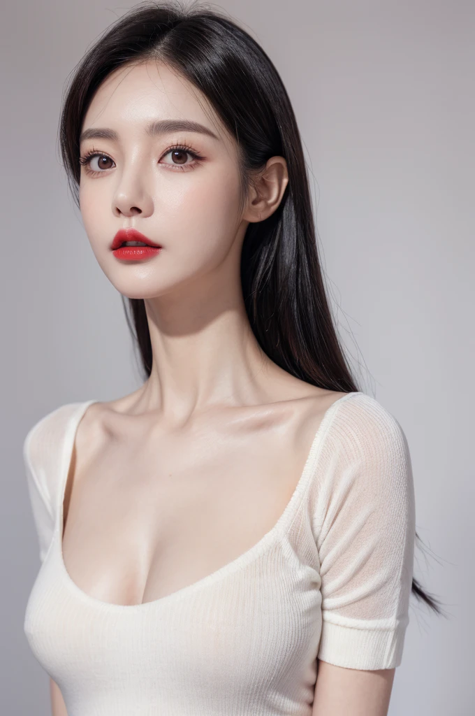 (lifelike,high resolution:1.3), slim girl, The face shape and eyes are really delicate.,black hair,red glossy lips,(beautiful face), (best quality), (very detailed), (very detailed CG 통합 8k 벽지),((tight jumper)),(white background),(a little cleavage),(model photo),sexy look,big eyes,(standing),(air bang),(slim waist line),eyes looking at the audience,Teardrop-shaped breasts,soft chest,really realistic ,Character is centered,