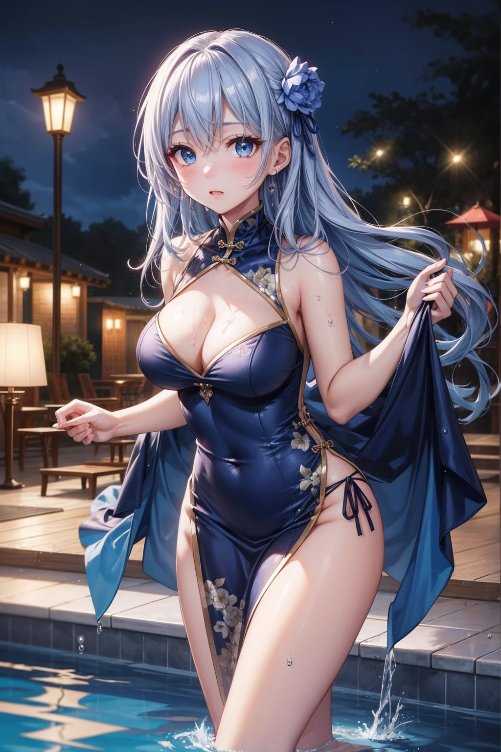 She is wearing a long Chinese dress、8K、、Highest quality、Tabletop、Ultra HD、Super detailed、so beautiful、Super detailed髪質、so beautiful、Portraiture、Captivating look、Beautiful woman、Long Blue Hair、Sharp Eye、Hanging eyes、Strong-minded face、blue eyes、Glowing Skin、Very large breasts、Water droplets running down the skin、The background is a great night pool、