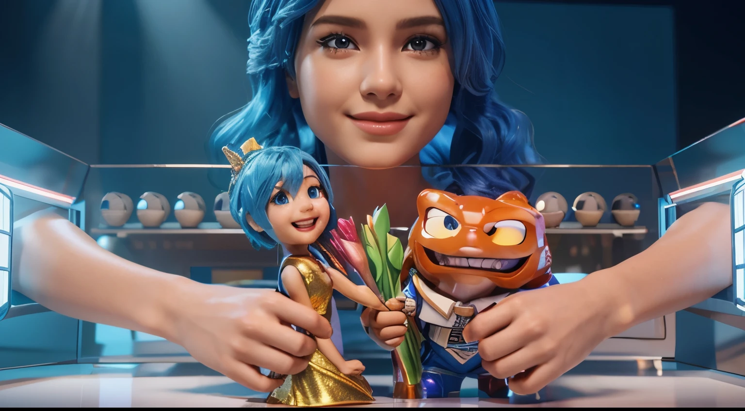 The image shows a scene from a movie where a young girl with blue hair and a yellow dress is holding hands with a girl with red hair and a green dress, smooth 3d model, glossy plastic texture, multiple light sources, rim light, sharp post effects render, most beautiful vfx, , realistic, 4k, high resolution, rim light, smooth 3d model. , glossy texture, smooth 3d model, multiple light sources, rim light, sharp post effects render, (glossy plastic texture with multiple big light probe refractions), perfect cgi, reflective, best quality, 4k, masterpiece:1.2, ultra-detailed, realistic, vivid colors, The image of the highest quality, ensuring every detail showcased perfectly. It in 4k resolution, allowing viewers to immerse themselves in the richness of the colors and intricate details. The realistic rendering. under the spotlight, reflecting, high-resolution image, realistic rendering