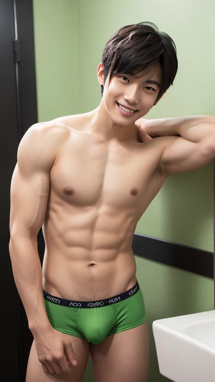 Japanese men、A slender but strong body trained at the gym、Smooth skin with light sweating、Anatomically correct body、Sit with your legs wide open、Smiling with wide open mouth、Relaxed atmosphere、The whole body is visible、Showing off some cool light green, very revealing boxer briefs that are tight and showy、in narrow bathroom、Very short, cropped black hair、A young handsome man who looks quite young、Place your hands behind your back