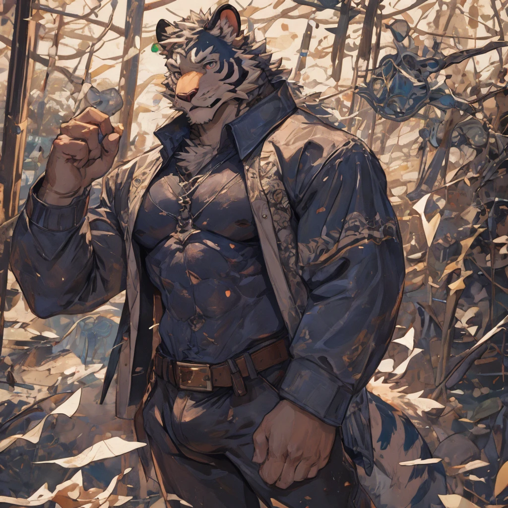 {{bara extremely handsome white tiger,}} {{white fur,}} white, wearing elegant ornate suit jacket, trousers, white dress shirt and necktie, white fluffy furry body and limbs, loafers, very tall, very broad shoulders, narrow waist, muscular arms, massive pecs, purple eyes, very long legs, massive bulge, sophisticated hot look, 3/4 view, best quality, high detail, CG image, character splash art, silver earring on left ear, sultry smirk