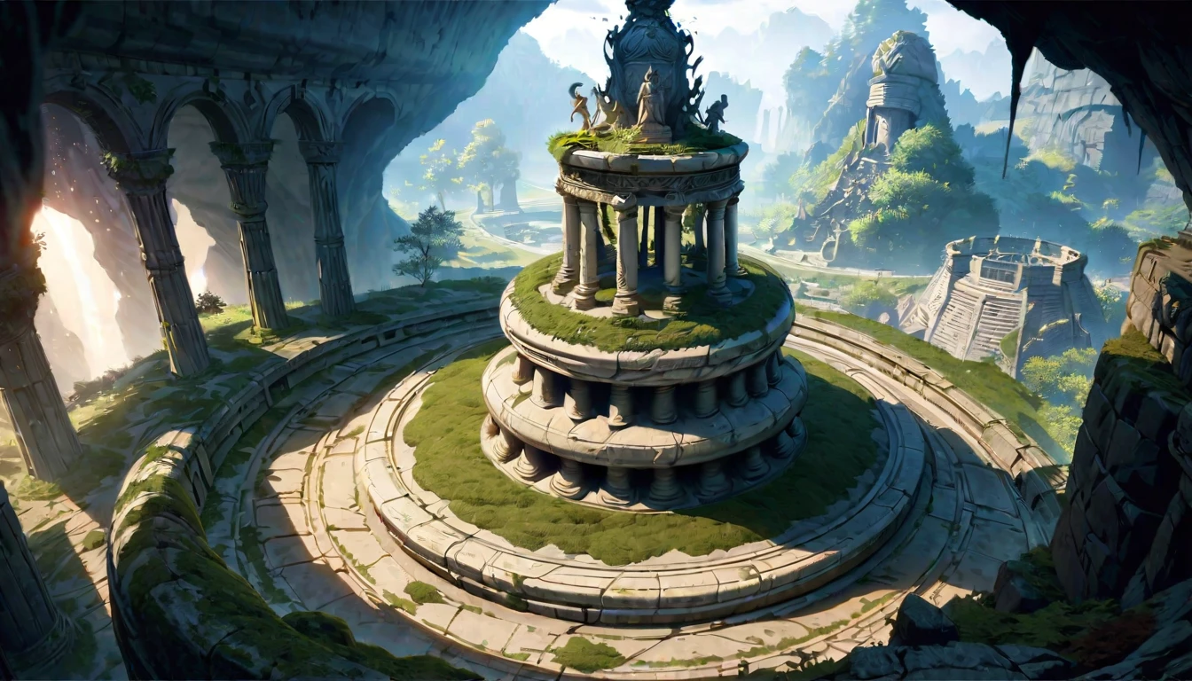 anime aestetics, anime scenery, huge cave, ancient monument standing in the center, statue of the goddes of fertility, old statue, covered in moss, curvy figure, cave vovered with different kinds of krystals, saphires, amethists, rubies, dim light, shiny crustals, mystic atmosphere, beautiful shine, a lot of colours, dnd, heroic fantasy, from above, wide shot, perspective, atmospheric perspective, 4K, 8k, highres, best quality, super detail, award winning, masterpiece