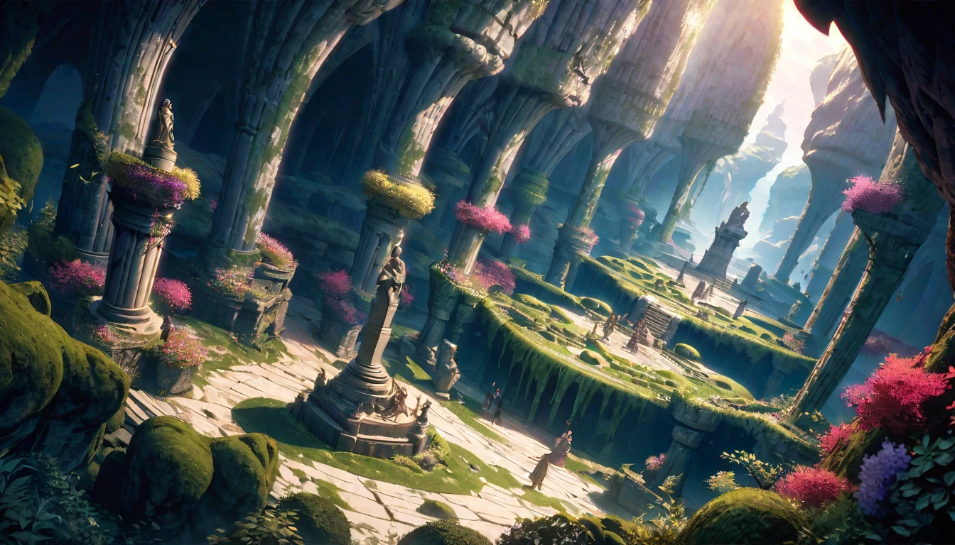  anime aestetics, anime scenery, huge cave, ancient monument standing in the center, statue of the goddes of fertility, old statue, covered in moss, curvy figure, cave vovered with different kinds of krystals, saphires, amethists, rubies, dim light, shiny crustals, mystic atmosphere, beautiful shine, a lot of colours, dnd, heroic fantasy, from above, wide shot, perspective, atmospheric perspective, 4K, 8k, highres, best quality, super detail, award winning, masterpiece