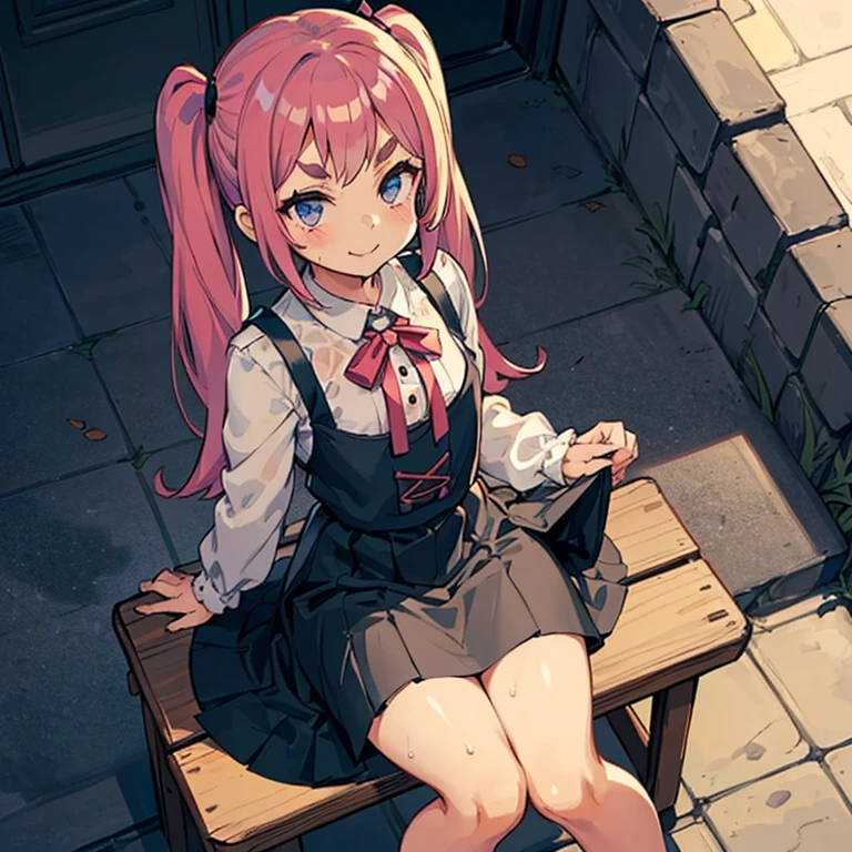 Girl with pink hair, long twintail hairstyle, ((small bushy eyebrows)), wearing gothic lolita clothing, lolicon , walking to school, flirty smile,, bored look, bored face,, (sitting with legs open lifting her skirt to show her vagina wet with semen), male pov, looking from above view