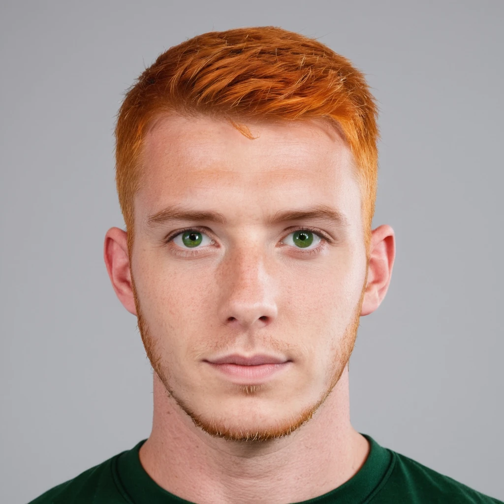 Handsome guy, Scottish guy , orange hair, green eyes, short hair, buzzcut hair, 30 years old student