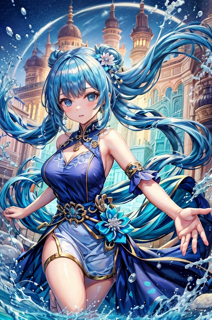 She is wearing a long Chinese dress、8K、、Highest quality、Tabletop、Ultra HD、Super detailed、so beautiful、Super detailed髪質、so beautiful、Portraiture、Captivating look、Beautiful woman、Long Blue Hair、Sharp Eye、Hanging eyes、Strong-minded face、blue eyes、Glowing Skin、Very large breasts、Water droplets running down the skin、The background is a great night pool、