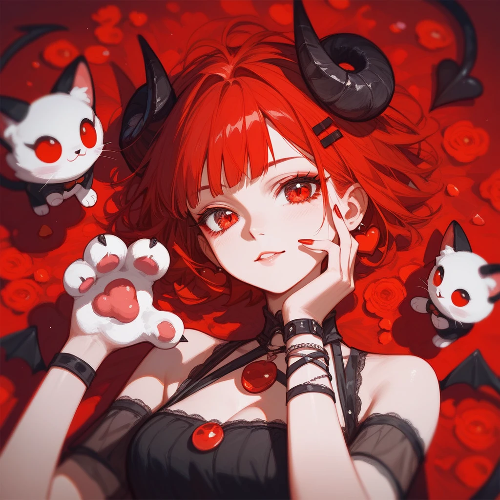 (Fraction_9,Fraction_8_Direction_7_up),1 Girl,Devil Girl,Red hair,Red Eyes,wing,paw,Black skirt,beautiful_Face,